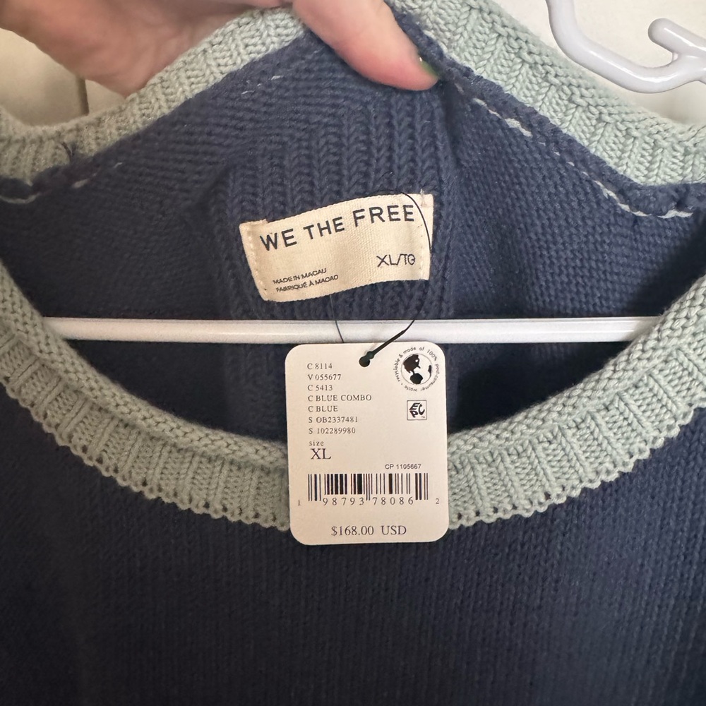 NWT We The Free Ella Colorblock Roll Neck Knit Sweater Blue Combo 97% Cotton - Picture 2 of 7